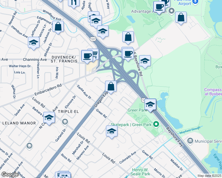 map of restaurants, bars, coffee shops, grocery stores, and more near 1125 Sierra Court in Palo Alto