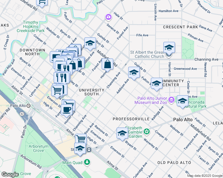 map of restaurants, bars, coffee shops, grocery stores, and more near 541 Channing Avenue in Palo Alto