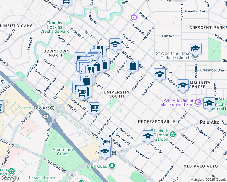 map of restaurants, bars, coffee shops, grocery stores, and more near in Palo Alto