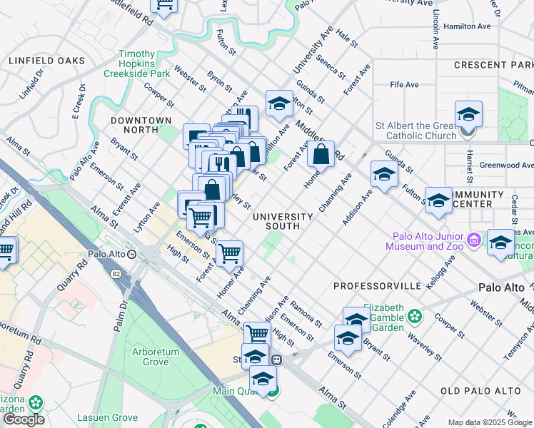 map of restaurants, bars, coffee shops, grocery stores, and more near in Palo Alto