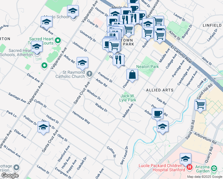 map of restaurants, bars, coffee shops, grocery stores, and more near 823 Fremont Street in Menlo Park