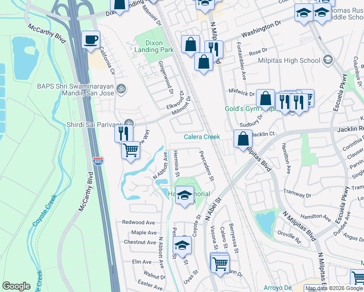 map of restaurants, bars, coffee shops, grocery stores, and more near 365 San Andreas Drive in Milpitas