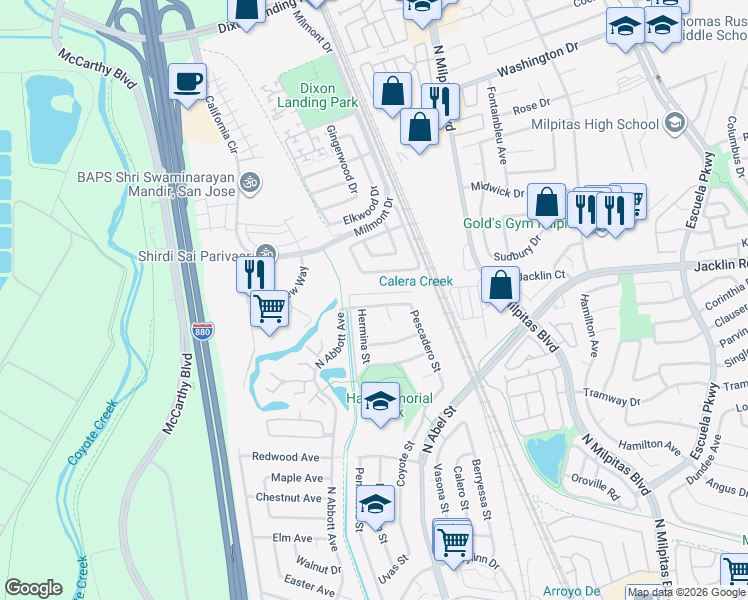 map of restaurants, bars, coffee shops, grocery stores, and more near 365 San Andreas Drive in Milpitas