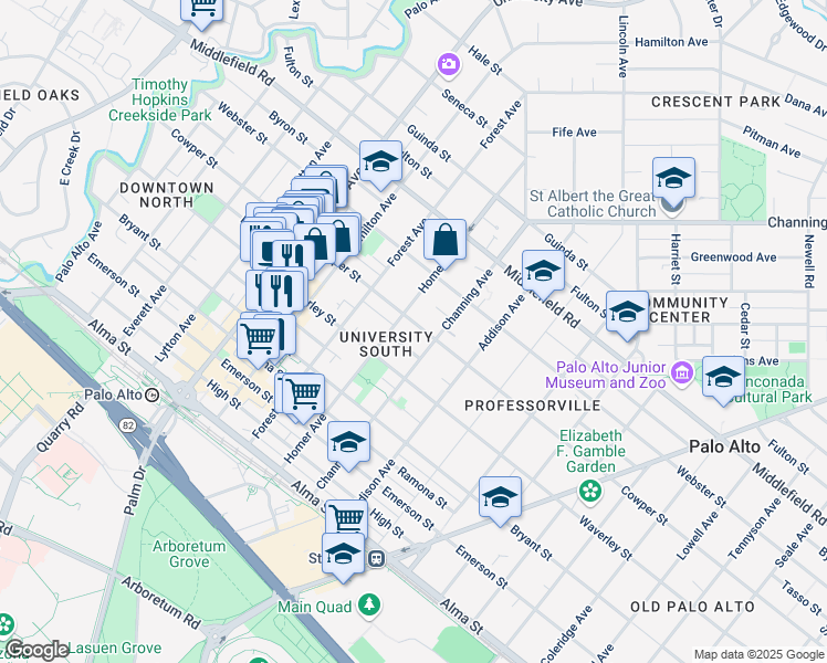 map of restaurants, bars, coffee shops, grocery stores, and more near 828 Cowper Street in Palo Alto