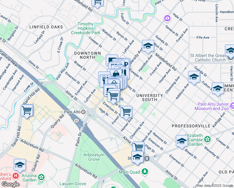 map of restaurants, bars, coffee shops, grocery stores, and more near 345 Hamilton Avenue in Palo Alto