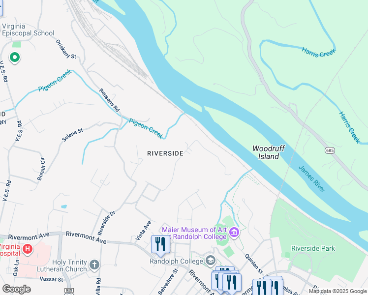 map of restaurants, bars, coffee shops, grocery stores, and more near 271 Riverside Drive in Lynchburg
