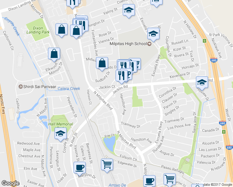 map of restaurants, bars, coffee shops, grocery stores, and more near 60 Jacklin Place in Milpitas