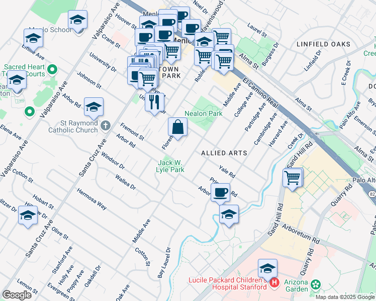 map of restaurants, bars, coffee shops, grocery stores, and more near 1002 Middle Avenue in Menlo Park