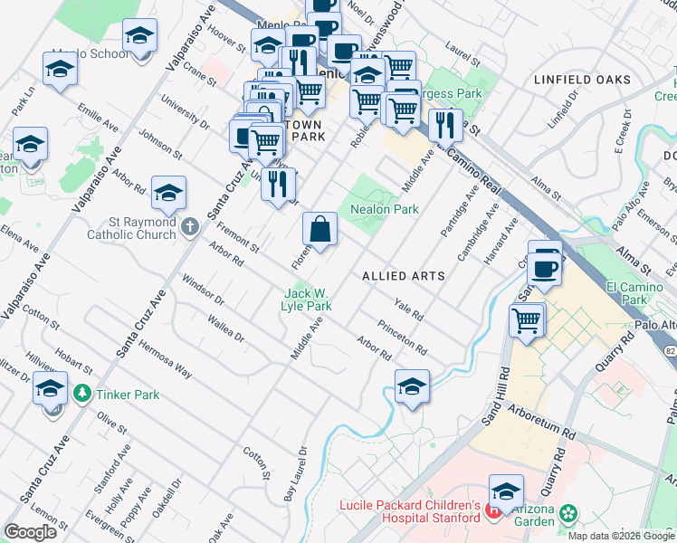 map of restaurants, bars, coffee shops, grocery stores, and more near 1002 Middle Avenue in Menlo Park