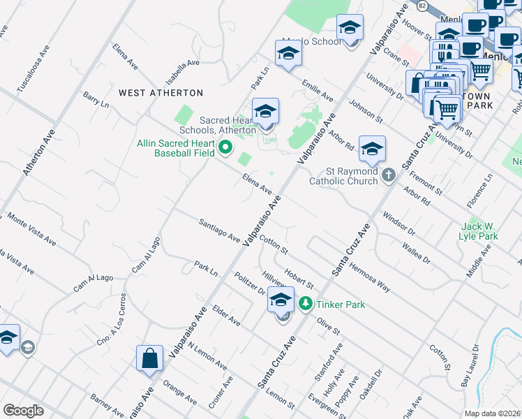 map of restaurants, bars, coffee shops, grocery stores, and more near 216 Valparaiso Avenue in Atherton