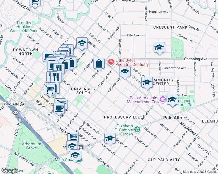 map of restaurants, bars, coffee shops, grocery stores, and more near 916 Webster Street in Palo Alto