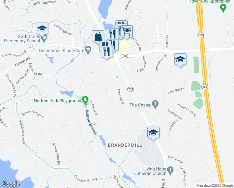 map of restaurants, bars, coffee shops, grocery stores, and more near 3210 Quail Hill Drive in Midlothian
