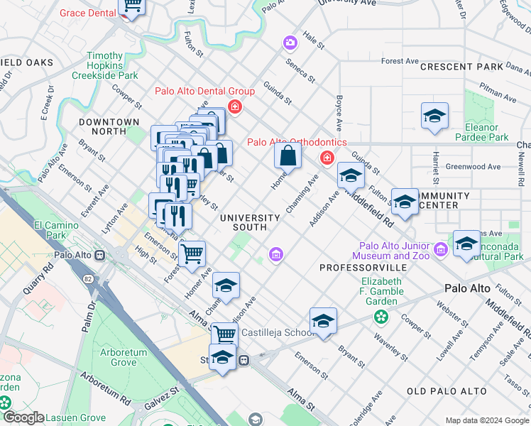 map of restaurants, bars, coffee shops, grocery stores, and more near 818 Cowper Street in Palo Alto