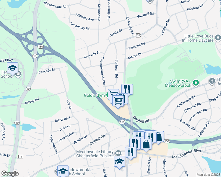 map of restaurants, bars, coffee shops, grocery stores, and more near 5549 Sunbeam Road in Richmond