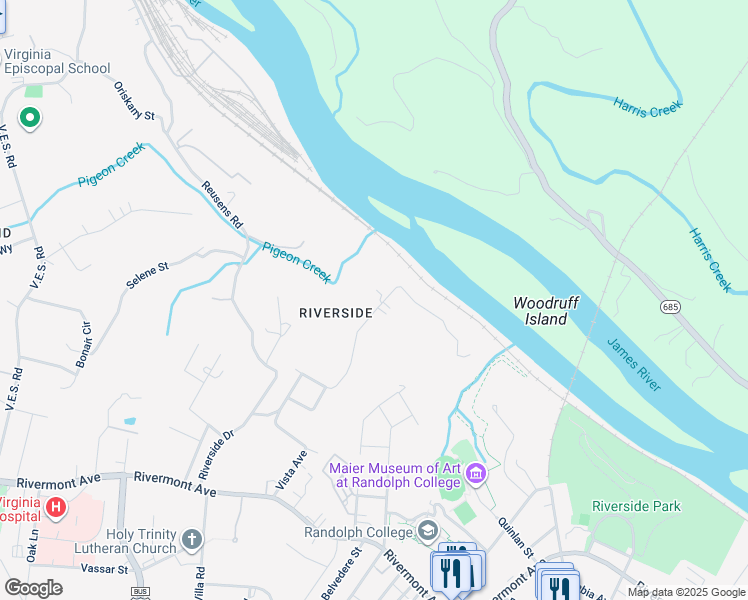 map of restaurants, bars, coffee shops, grocery stores, and more near 271 Riverside Drive in Lynchburg