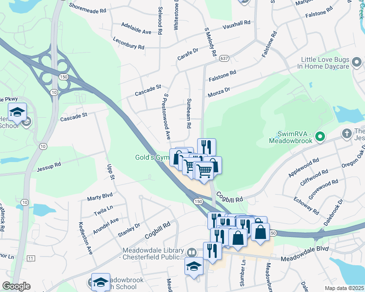 map of restaurants, bars, coffee shops, grocery stores, and more near 5543 Sunbeam Road in Richmond