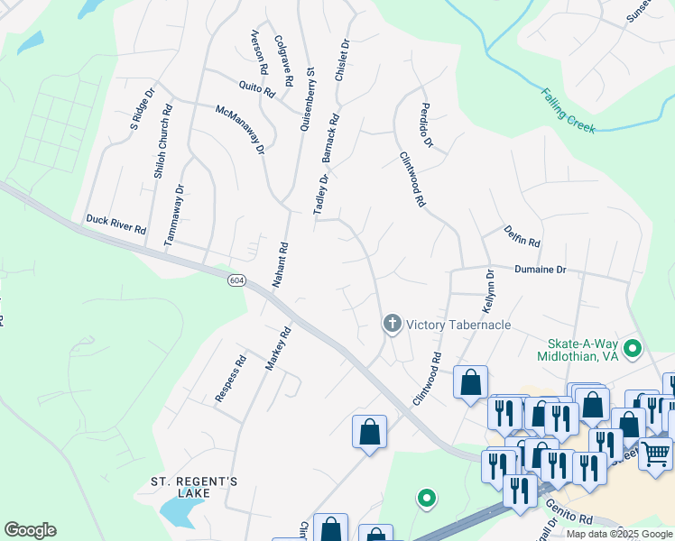 map of restaurants, bars, coffee shops, grocery stores, and more near 11931 Rimswell Mews in Midlothian