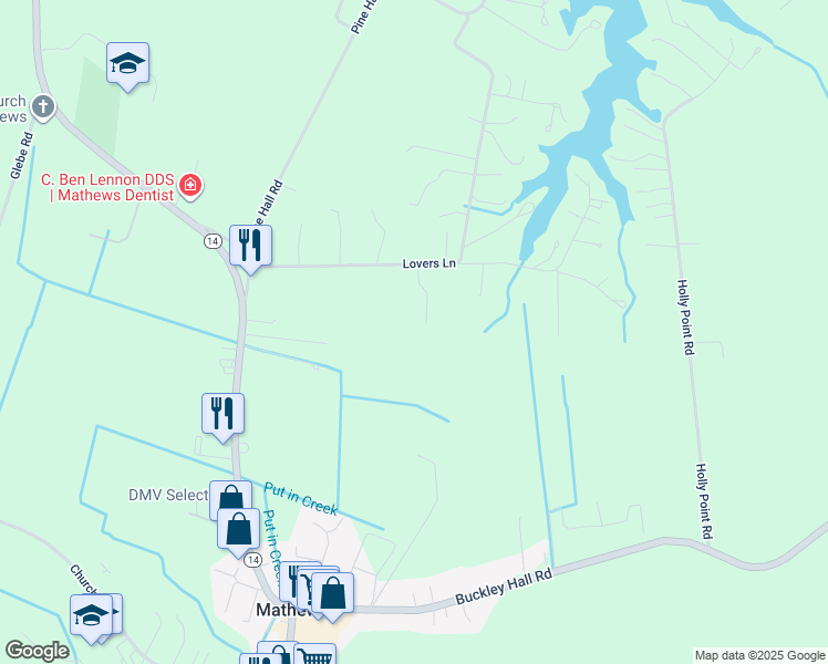 map of restaurants, bars, coffee shops, grocery stores, and more near 356 Lovers Lane in Mathews