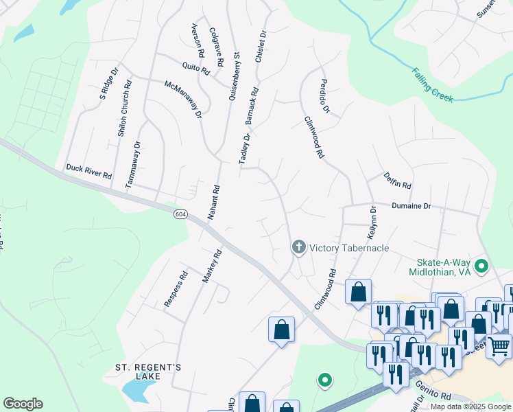 map of restaurants, bars, coffee shops, grocery stores, and more near 11931 Rimswell Mews in Midlothian
