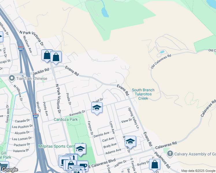 map of restaurants, bars, coffee shops, grocery stores, and more near 586 Old Evans Road in Milpitas
