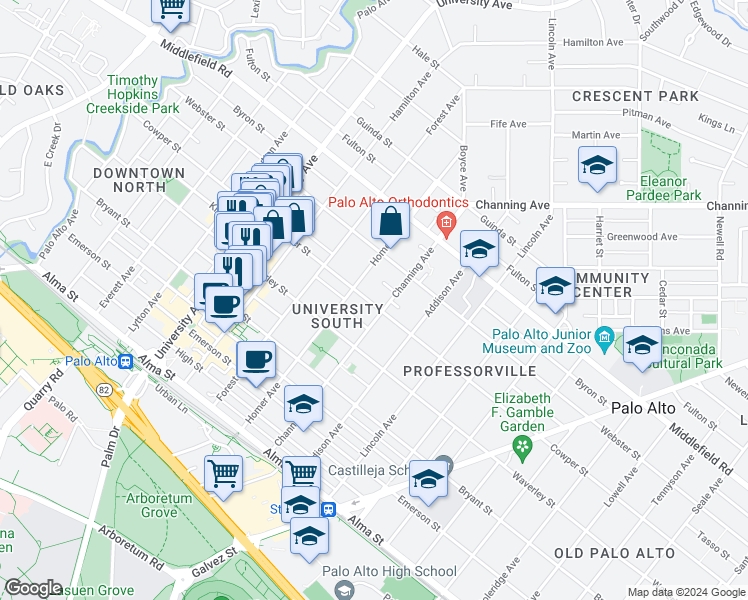map of restaurants, bars, coffee shops, grocery stores, and more near 541 Channing Avenue in Palo Alto