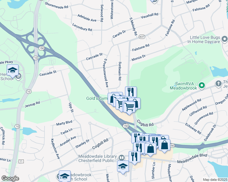map of restaurants, bars, coffee shops, grocery stores, and more near 5549 Sunbeam Road in Richmond