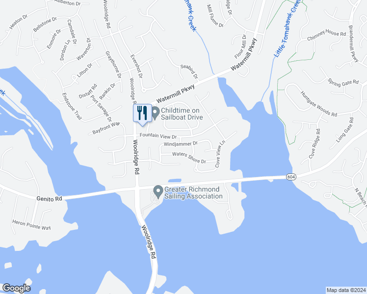 map of restaurants, bars, coffee shops, grocery stores, and more near 14719 Windjammer Drive in Midlothian