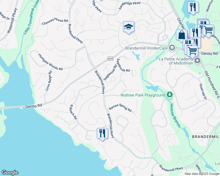 map of restaurants, bars, coffee shops, grocery stores, and more near 3007 Sagegrove Road in Midlothian