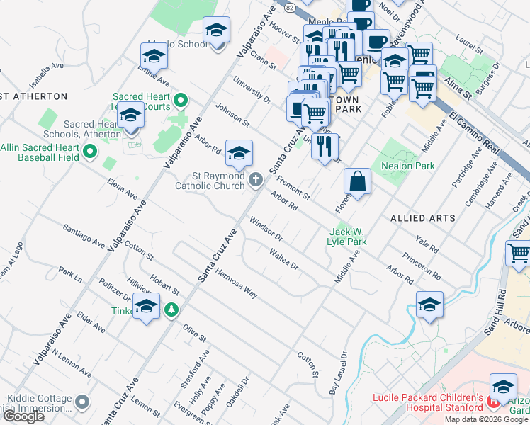 map of restaurants, bars, coffee shops, grocery stores, and more near 1149 Santa Cruz Avenue in Menlo Park