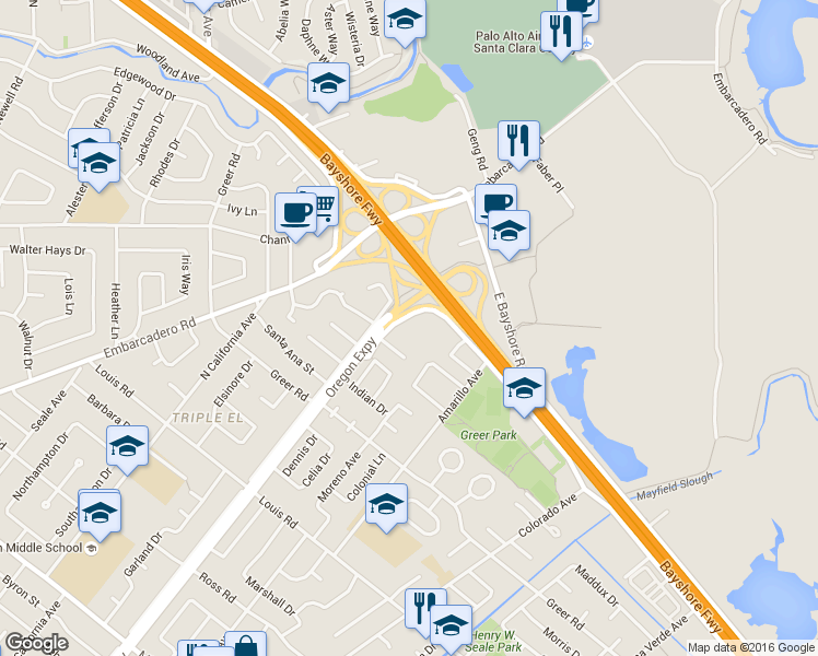 map of restaurants, bars, coffee shops, grocery stores, and more near 1125 Sierra Court in Palo Alto