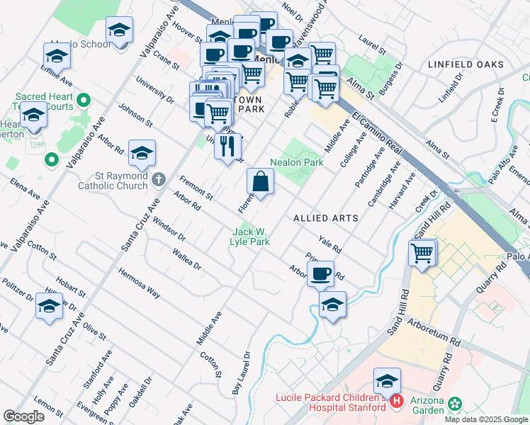 map of restaurants, bars, coffee shops, grocery stores, and more near 960 Alice Lane in Menlo Park