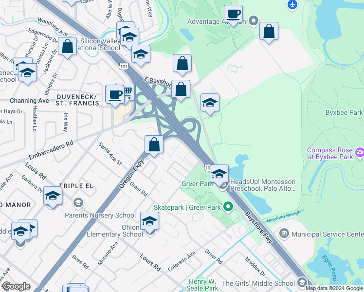 map of restaurants, bars, coffee shops, grocery stores, and more near 1183 Amarillo Avenue in Palo Alto