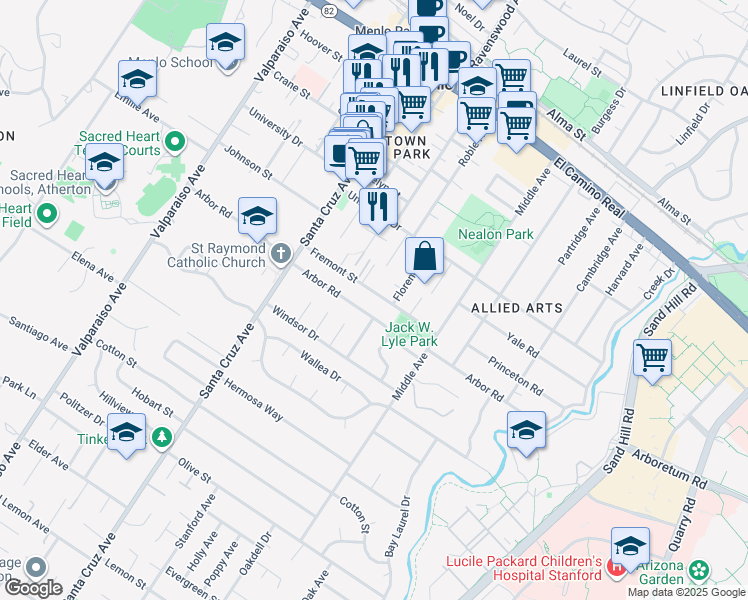 map of restaurants, bars, coffee shops, grocery stores, and more near 739 Fremont Street in Menlo Park