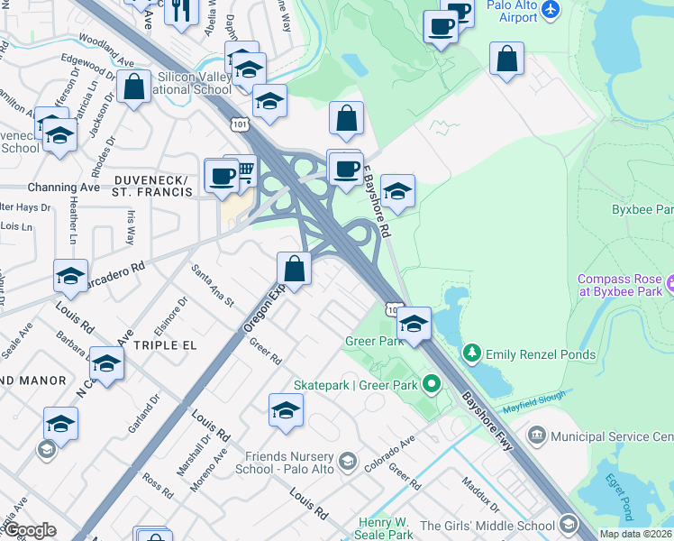 map of restaurants, bars, coffee shops, grocery stores, and more near 2466 West Bayshore Road in Palo Alto