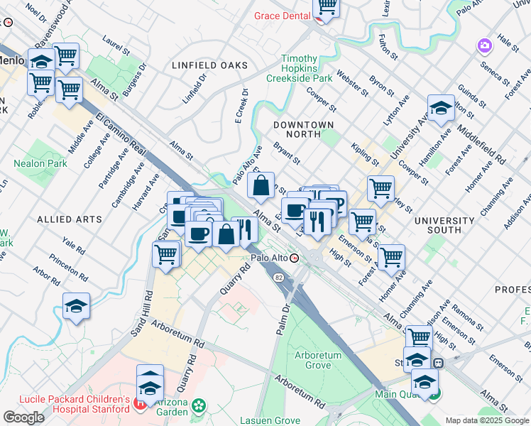 map of restaurants, bars, coffee shops, grocery stores, and more near 235 Alma Street in Palo Alto