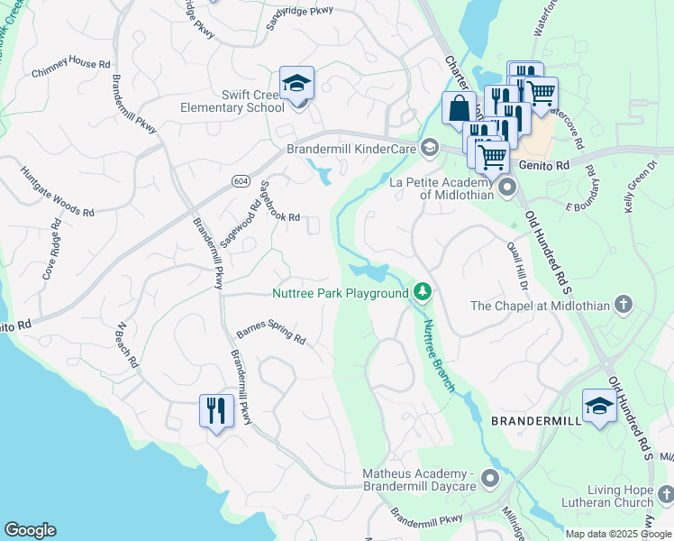 map of restaurants, bars, coffee shops, grocery stores, and more near 13800 Sterlings Bridge Road in Midlothian