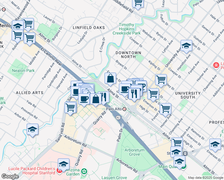 map of restaurants, bars, coffee shops, grocery stores, and more near 235 Alma Street in Palo Alto
