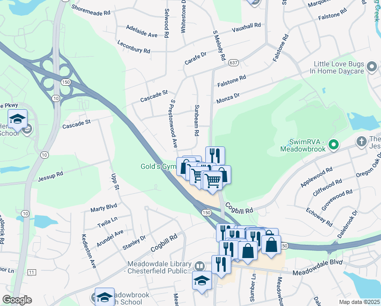 map of restaurants, bars, coffee shops, grocery stores, and more near 5543 Sunbeam Road in Richmond