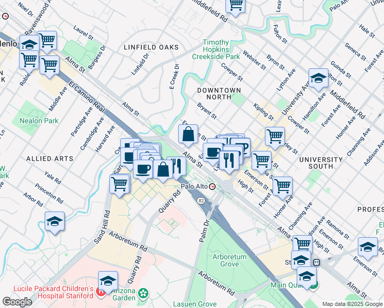 map of restaurants, bars, coffee shops, grocery stores, and more near 235 Alma Street in Palo Alto