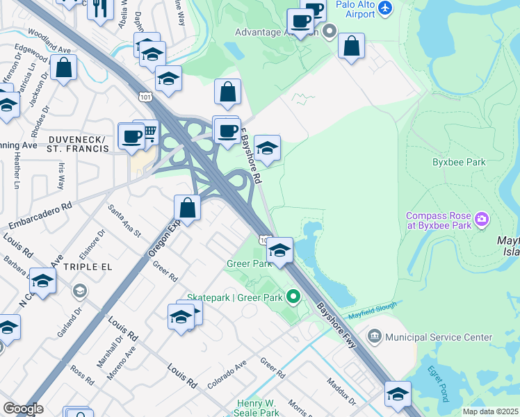 map of restaurants, bars, coffee shops, grocery stores, and more near 2595 East Bayshore Road in Palo Alto