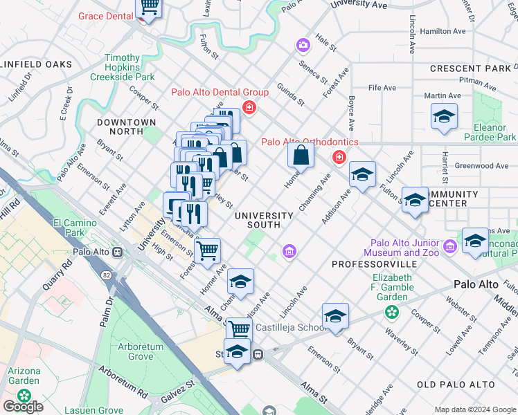 map of restaurants, bars, coffee shops, grocery stores, and more near 449 Homer Avenue in Palo Alto