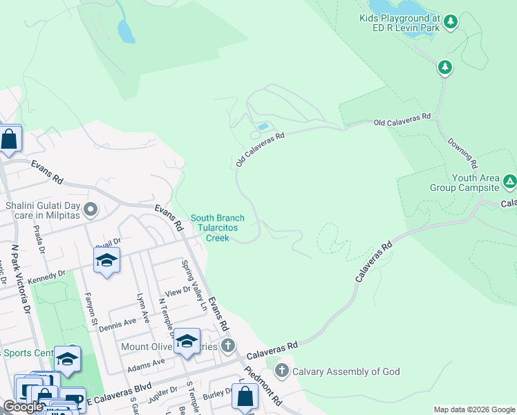map of restaurants, bars, coffee shops, grocery stores, and more near 2116 Old Calaveras Road in Milpitas