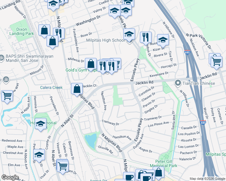 map of restaurants, bars, coffee shops, grocery stores, and more near 1019 Hamilton Avenue in Milpitas