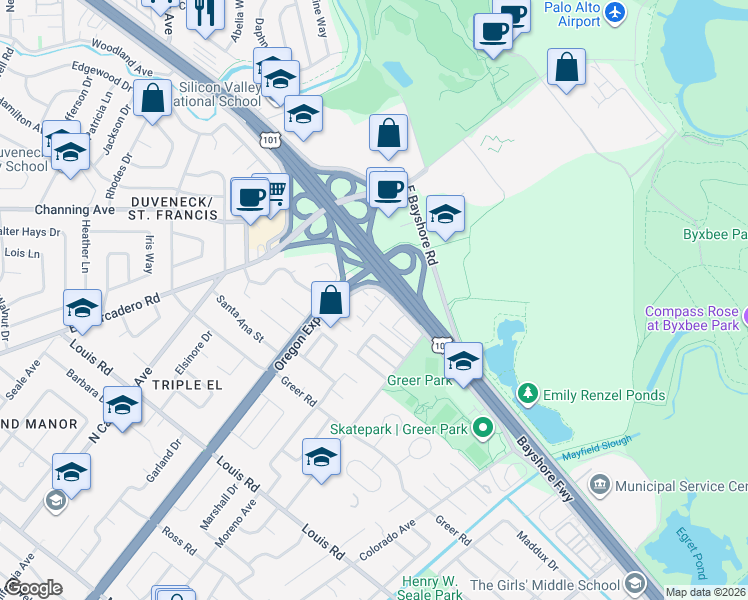 map of restaurants, bars, coffee shops, grocery stores, and more near 2466 West Bayshore Road in Palo Alto