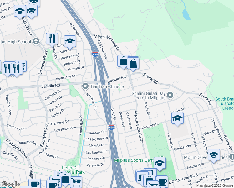 map of restaurants, bars, coffee shops, grocery stores, and more near 1133 Calle Oriente in Milpitas