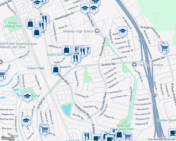 map of restaurants, bars, coffee shops, grocery stores, and more near 399 Gemma Drive in Milpitas