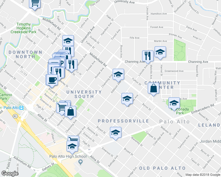 map of restaurants, bars, coffee shops, grocery stores, and more near 916 Webster Street in Palo Alto
