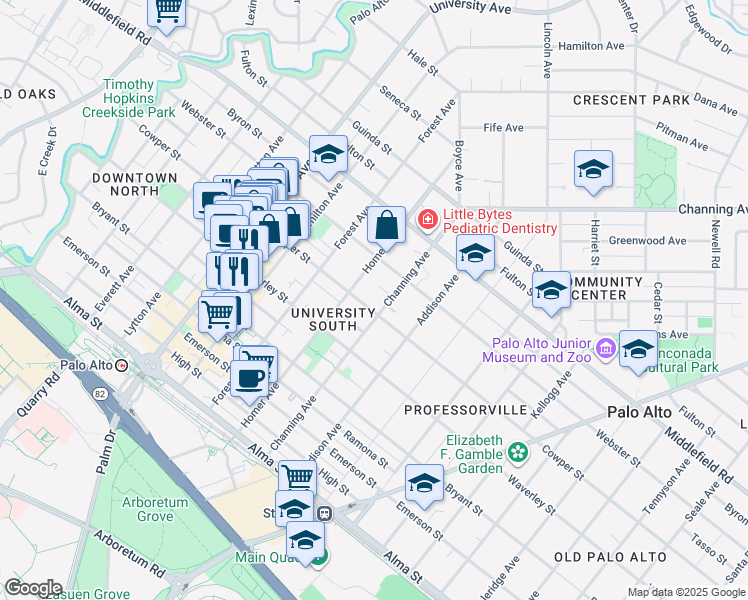 map of restaurants, bars, coffee shops, grocery stores, and more near 541 Channing Avenue in Palo Alto