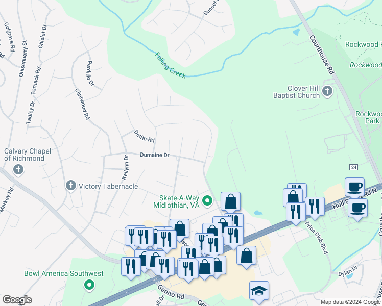 map of restaurants, bars, coffee shops, grocery stores, and more near 3030 Tanya Terrace in Midlothian