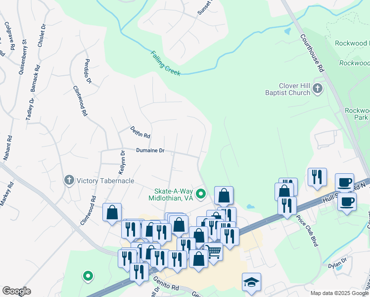 map of restaurants, bars, coffee shops, grocery stores, and more near 3030 Tanya Terrace in Midlothian